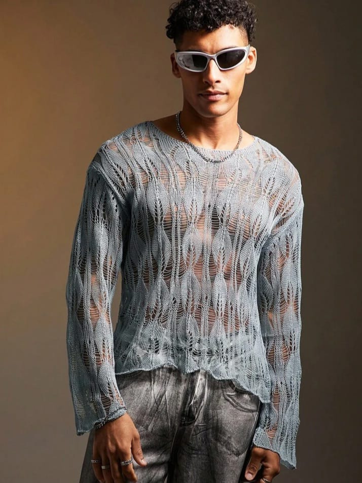 Bonga Boys Mans Fashionable Sexy solid Color Hollow Out Knit Long Sleeve Tshirt